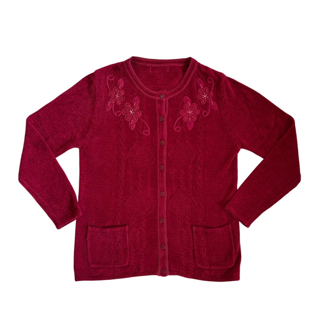 VTG Berry wine Red button‎ down embroidered burgandy floral beaded cardigan M